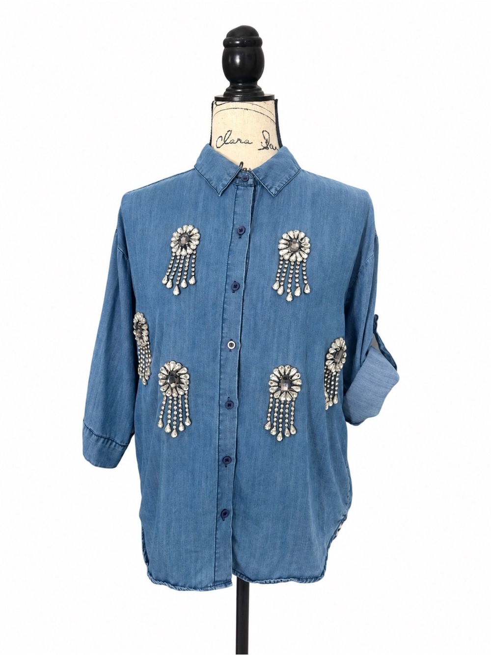 Pastel Blue Denim Rhinestone Embellished Button Down Shirt Size S